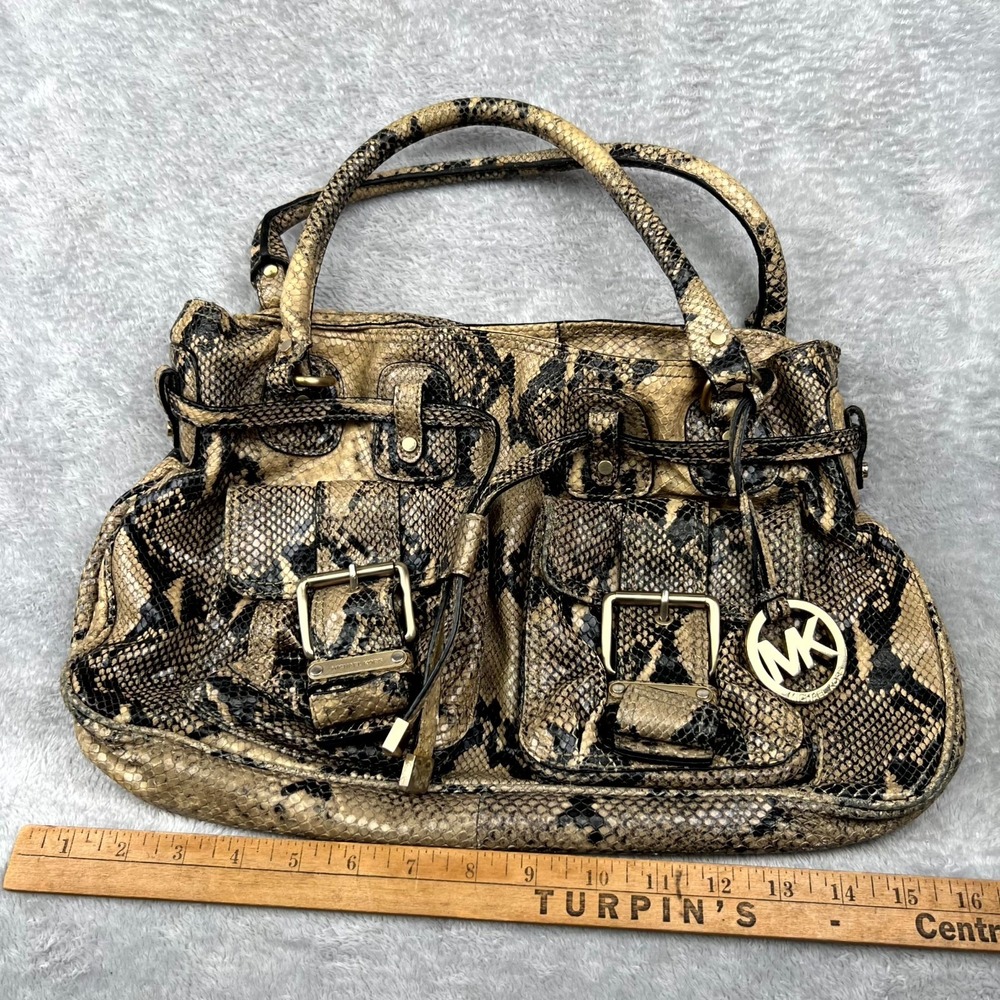 Michael Kors Womens Satchel Bag Brown Tan Python Skin Double Handle Shoulder Bag - Picture 5 of 16